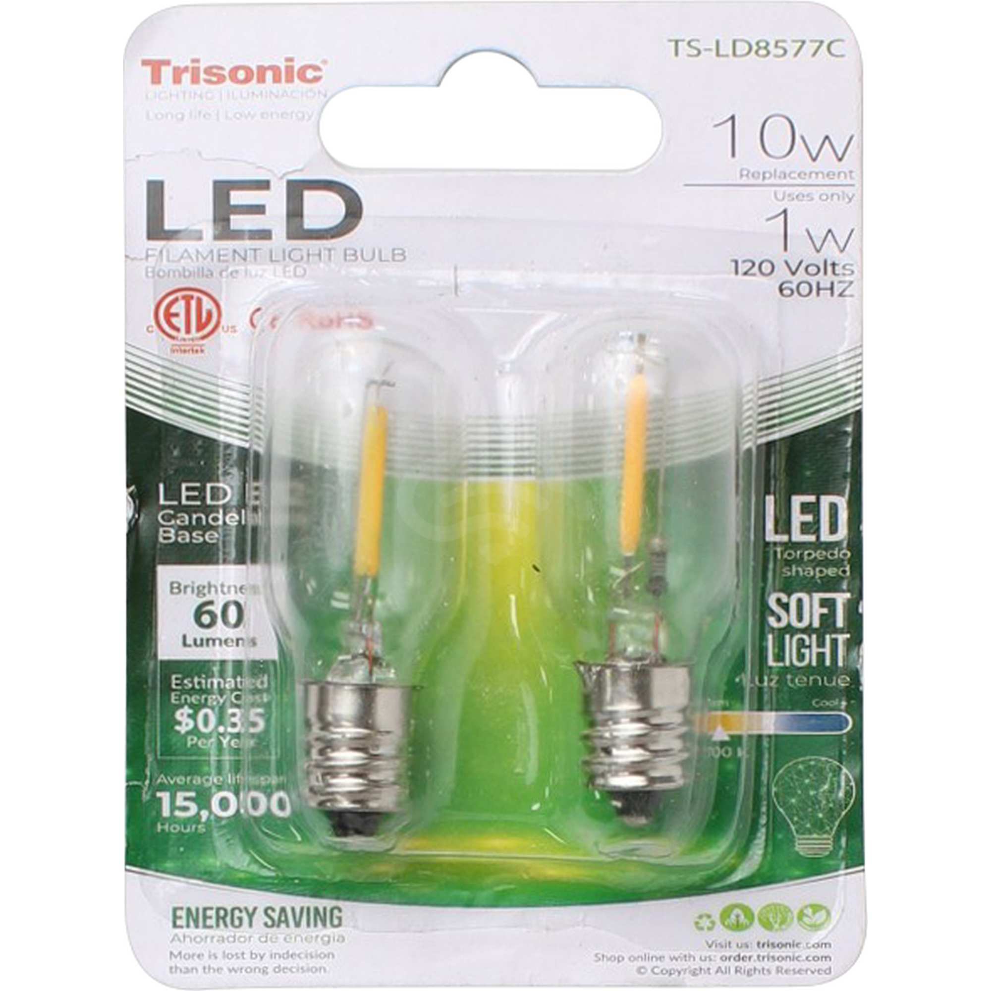 Trisonic Led Night Light Bulbs 10W Clear, 2 Blb